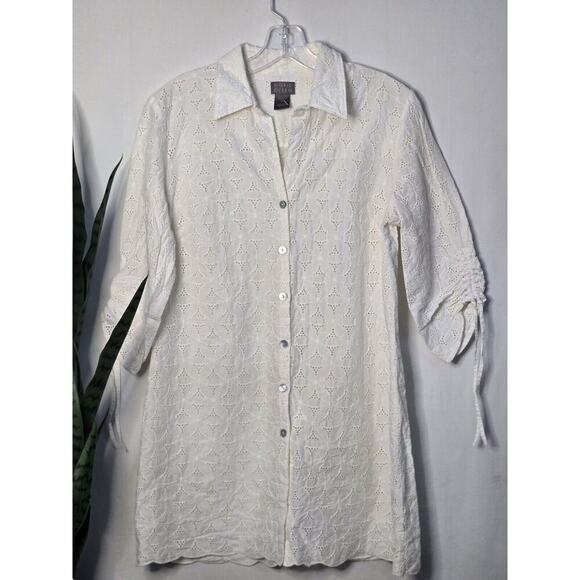 Sigrid Olsen Eyelet Embroidered Shirt Womens Medium White 3/4 Sleeve Button Up - Picture 1 of 6